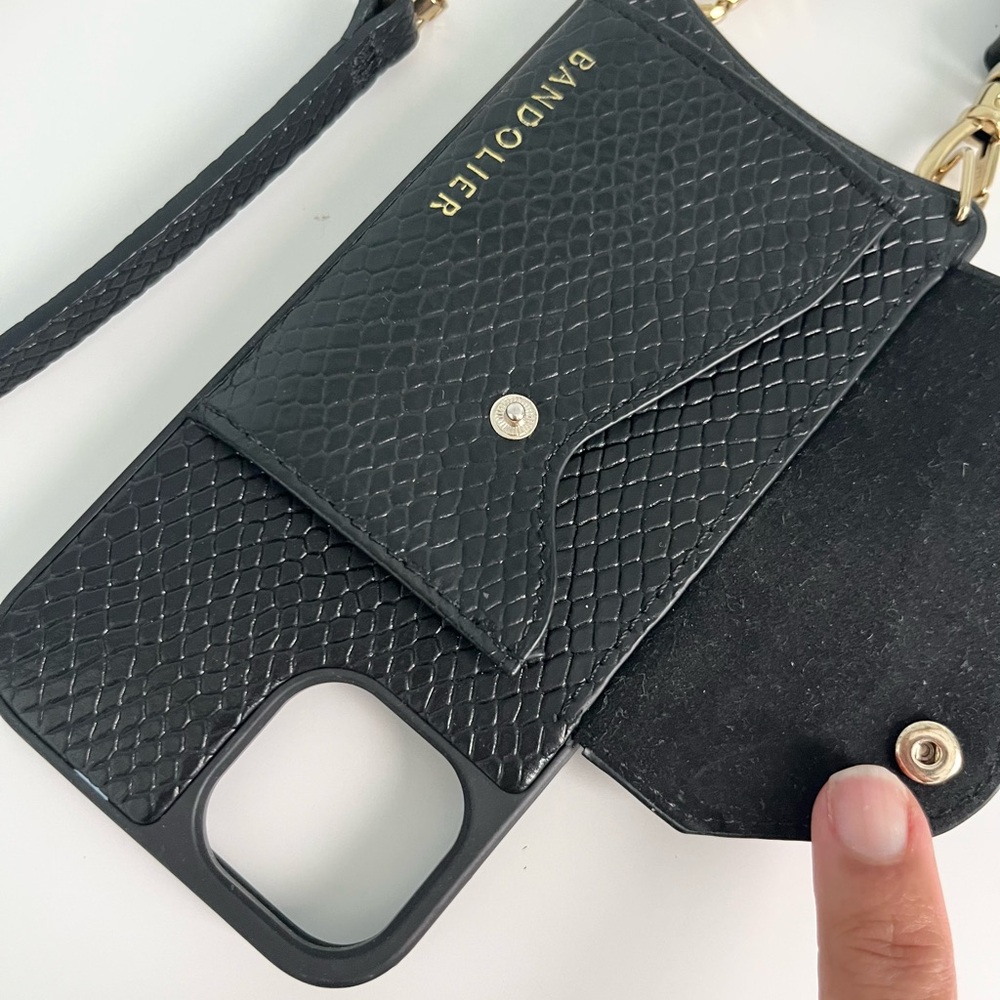 Bandolier Black Leather Crossbody IPhone Case and Pouch with Gold Chain - Picture 6 of 10